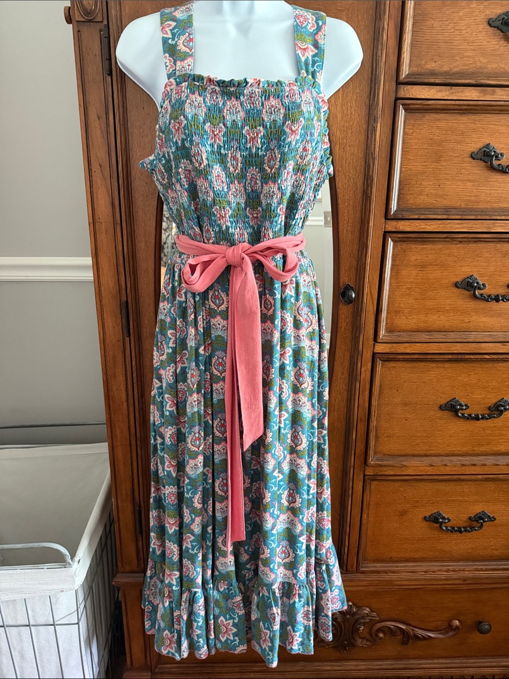 Matilda Jane Teal Floral Maxi Dress with Pink Tie Belt